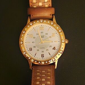 JBK Gold and Crystal Watch with Woven Leather Strap